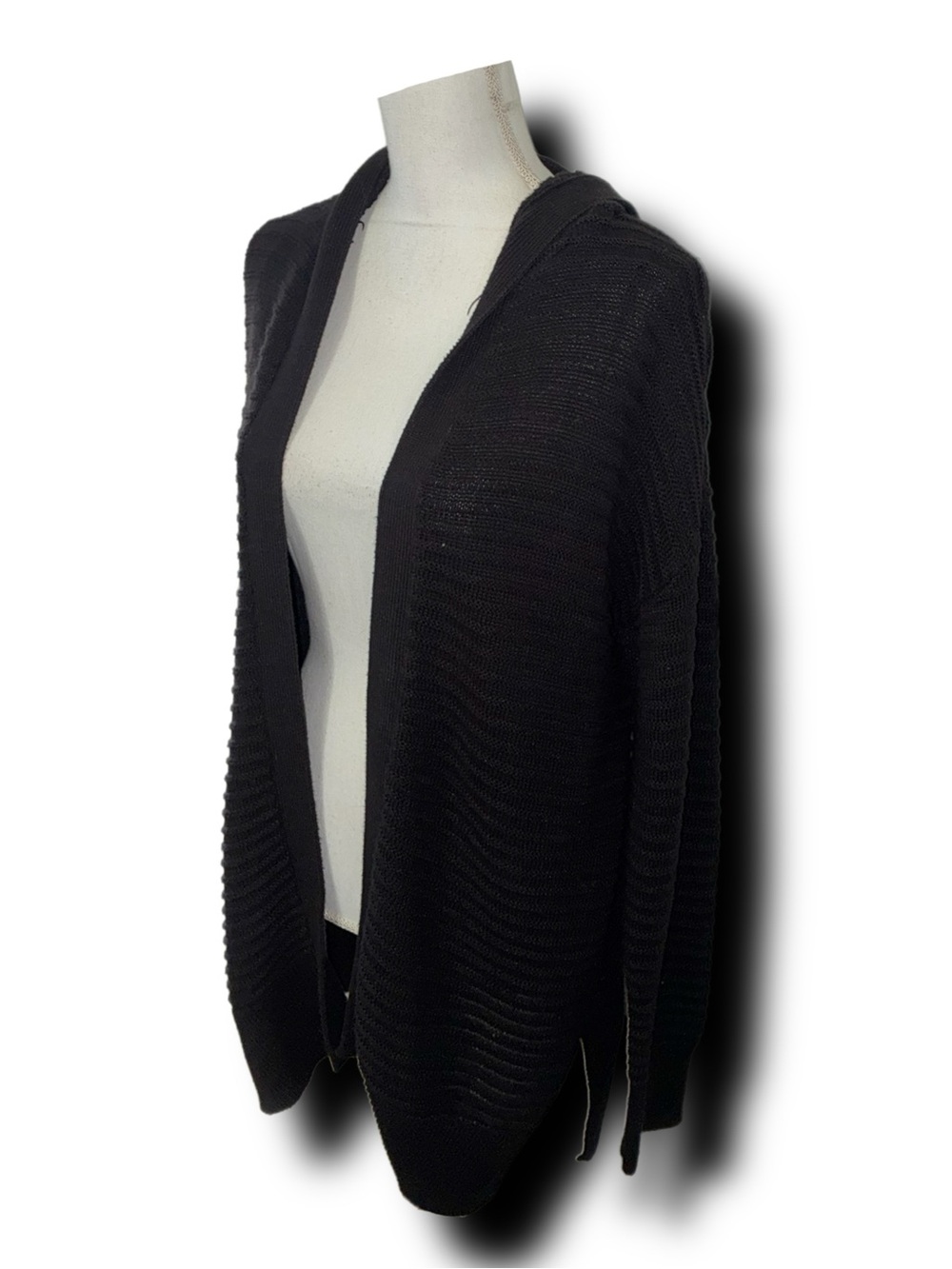 Nine West Black Hooded Open Slub Knit Cardigan Cotton Blend Cozy Fall Vibes